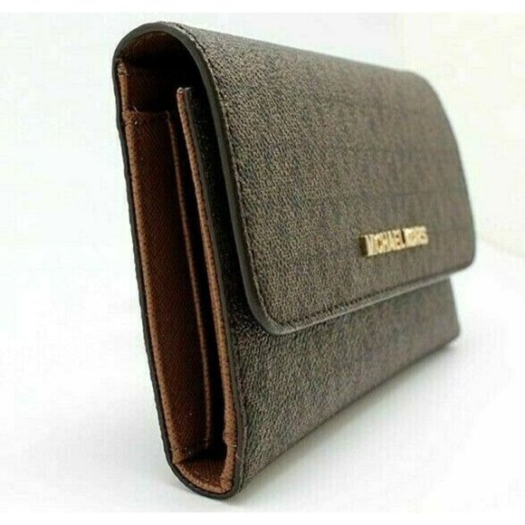 New Michael Kors Jet Set Travel Large Trifold Wallet Signature Brown - Picture 2 of 4
